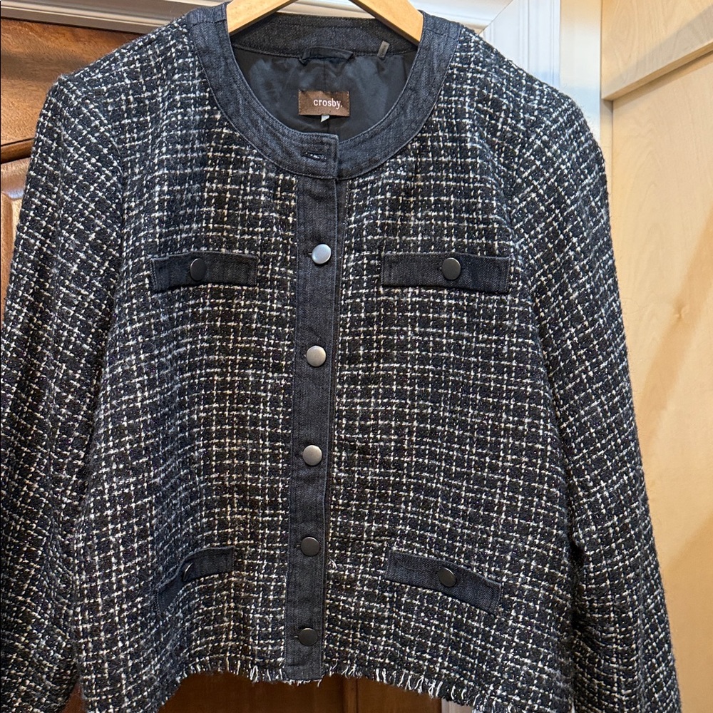 crosby Black and White Tweed Collarless Button Jacket